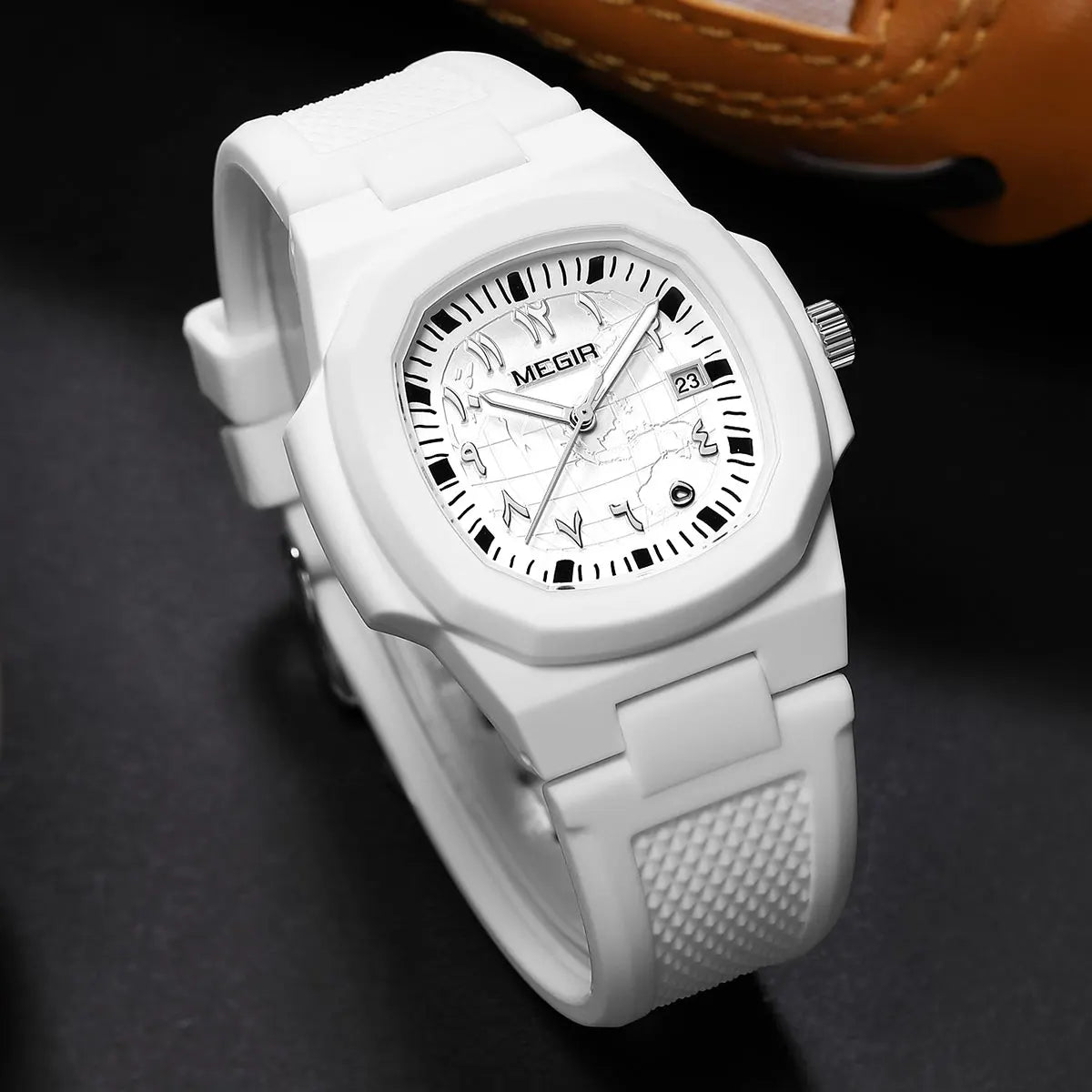 MEGIR Square Luxury Men's Watch with Arabic Numerals Luminous Calendar Date Silicone Strap Male Sports Quartz Wristwatch For Man