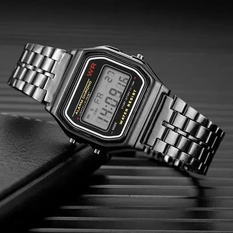 Punk Style Men's Metal Block Watch Waterproof Sports Student Electronic Watch Gold Silver Watch