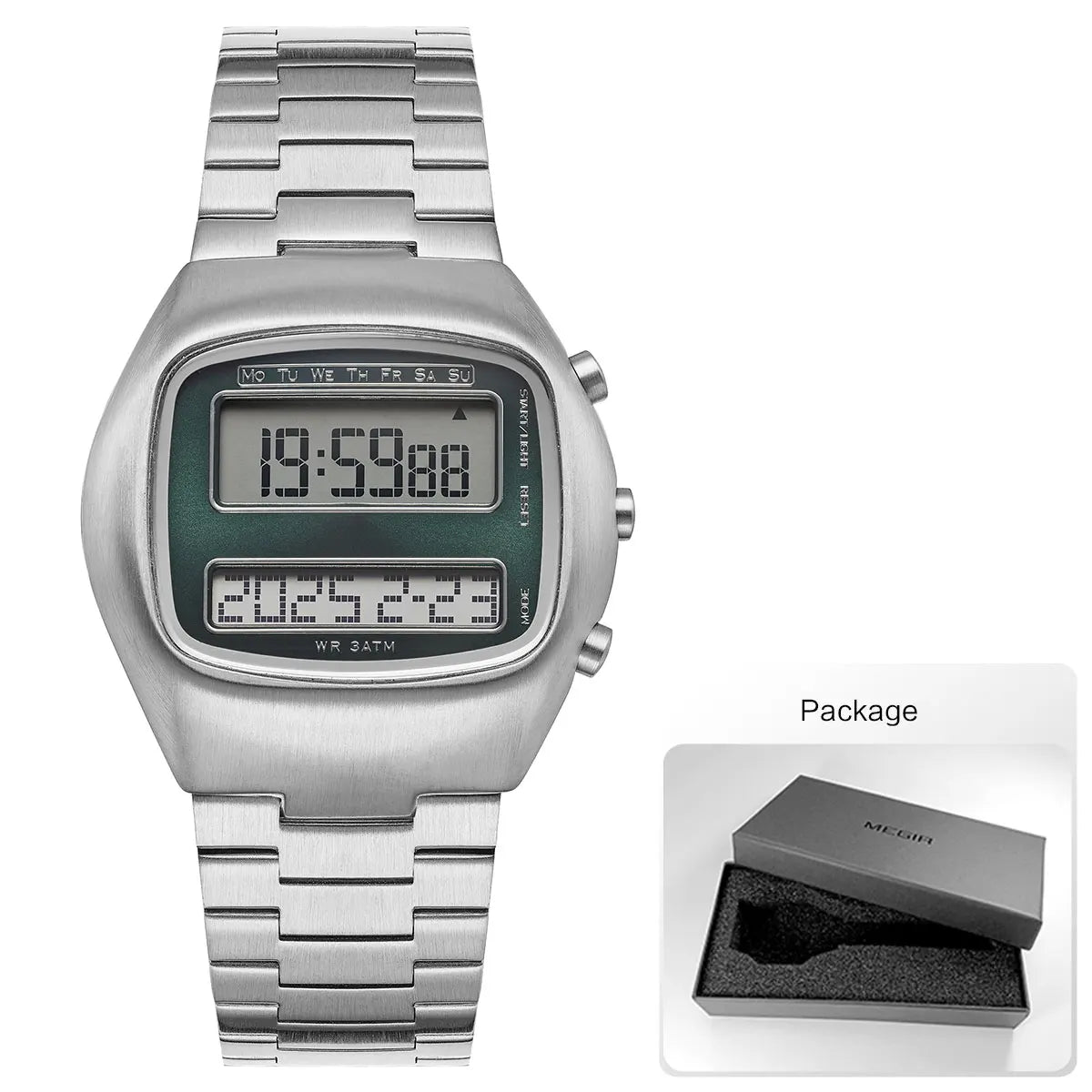 Unisex Retro Digital Wristwatch Dual-Display Stainless Steel Strap Men's Wristwatch with Backlight Calendar Date Month Year Day