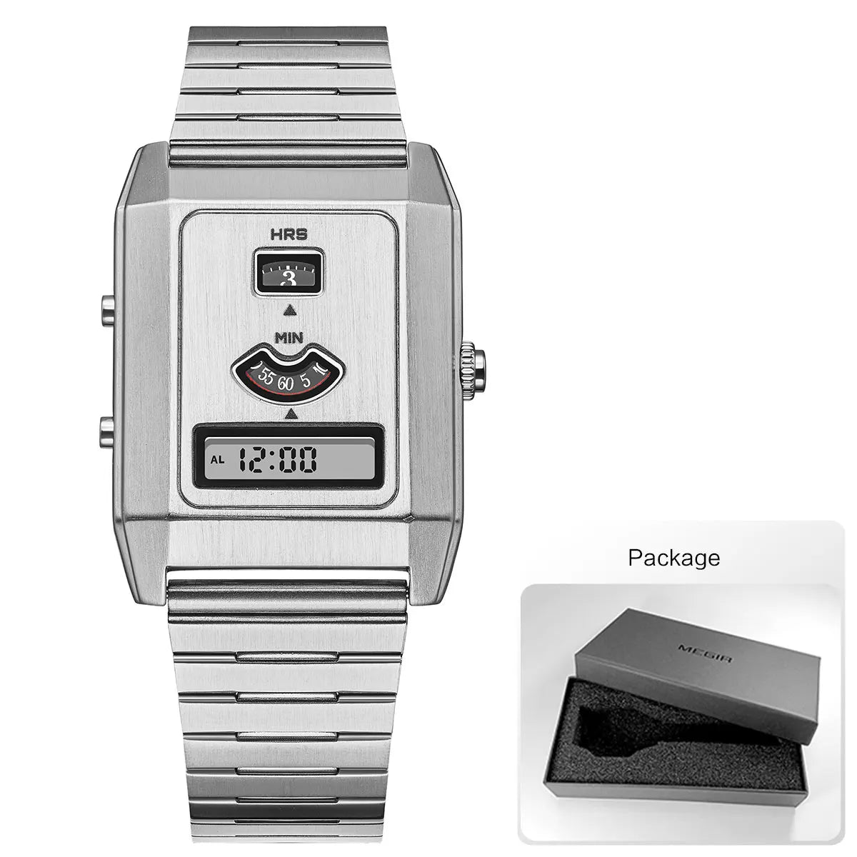 Fashion Quartz Electronic Dual Movement Men's Watch Tri-Display Backlight Alarm Unisex Wristwatch with Stainless Steel Strap