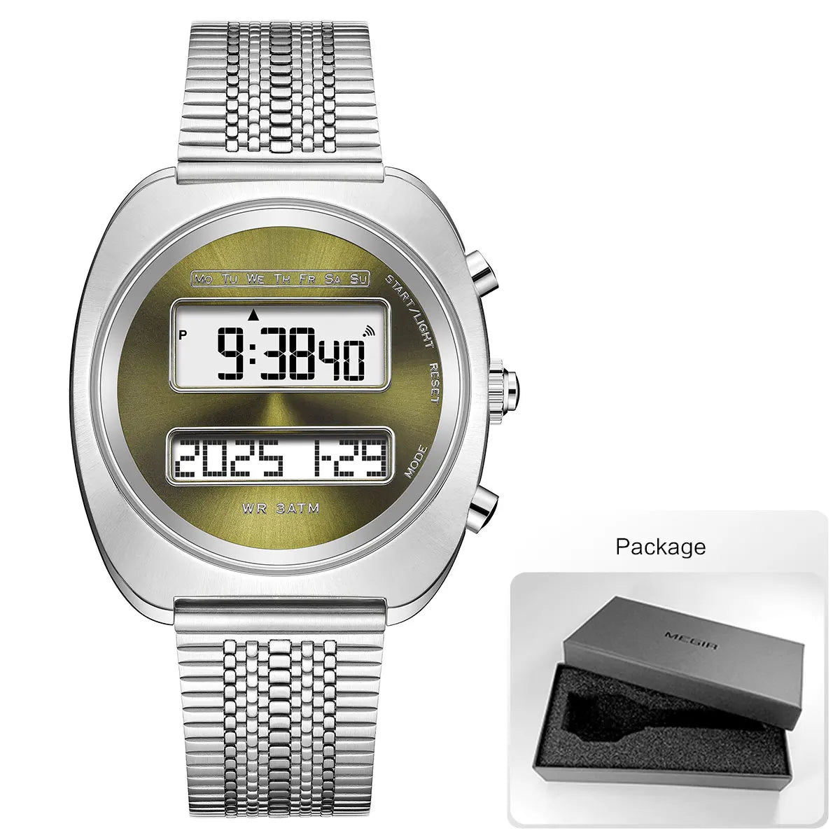 Dual-Display Electronic Watch for Men Retro Style Digital Unisex Wristwatch with Stainless Steel Strap Month Date Year Backlight