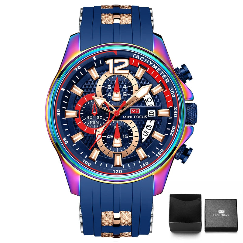 MINI FOCUS Red Watch for Men Fashion Luxury Chronograph Quartz Wristwatch with Silicone Band Luminous Hands Date Waterproof 0350