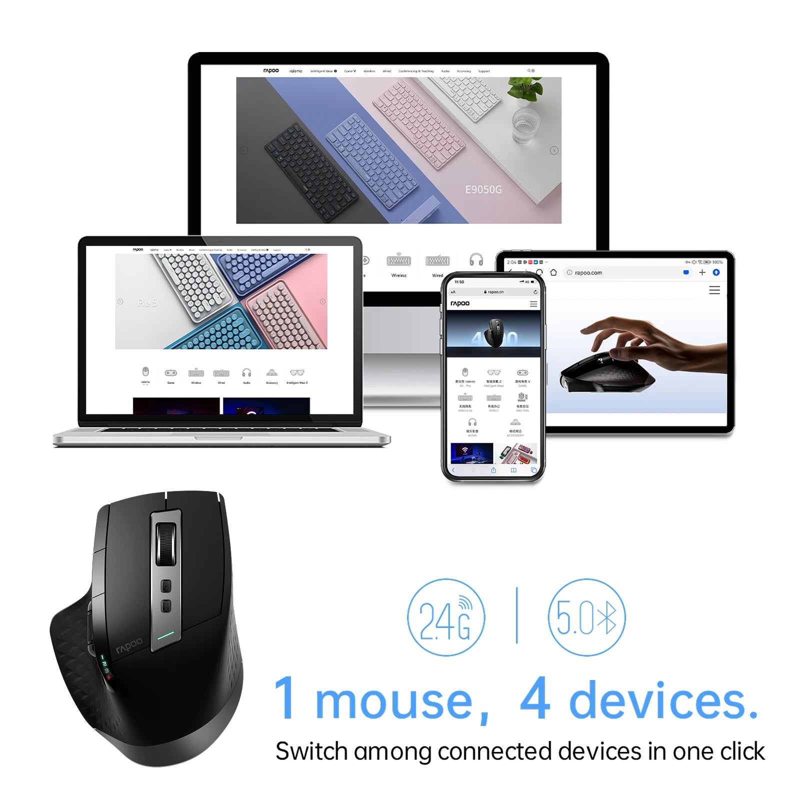 Rapoo 2026 New MT710L Multi-mode Rechargeable Wireless Mouse Ergonomic 4000 DPI Bluetooth Mouse Easy-Switch Up to 4 Devices