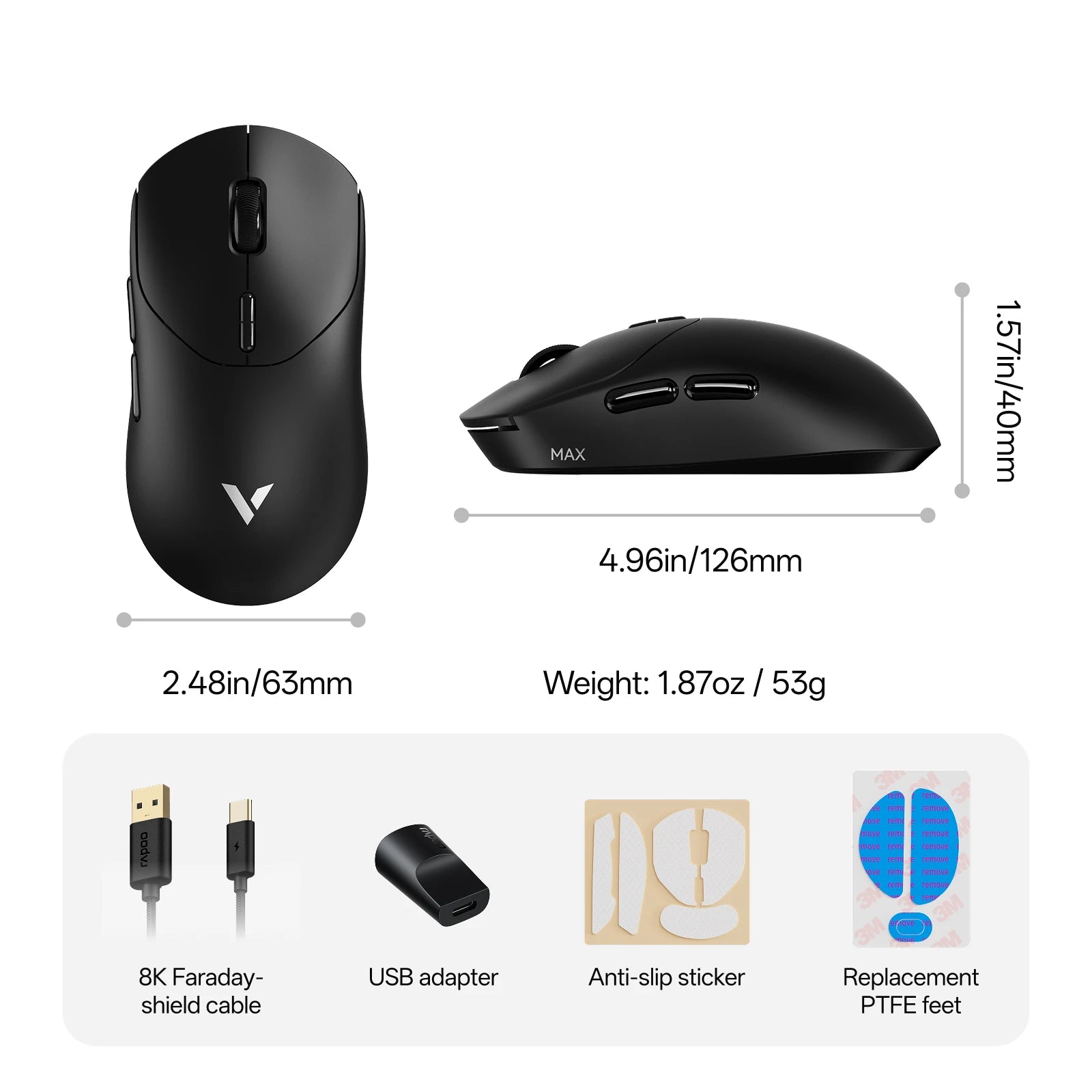 Rapoo VT2 MAX Wireless E-sports Gaming Mouse with 8K Polling Rate Optical Sensor Ergonomic Design 53g Lightweight for PC Latop