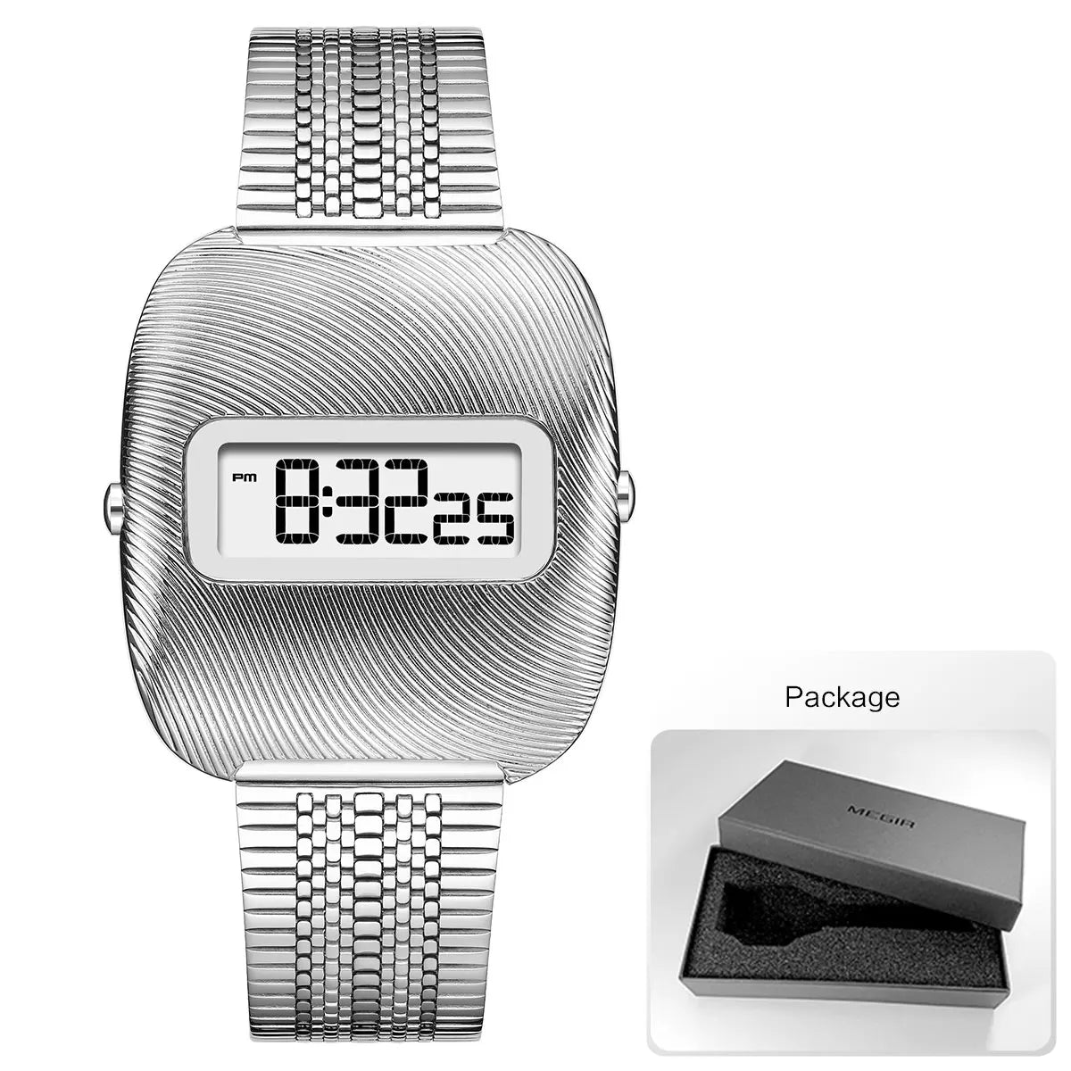 Men's Sports Electronic Watch Fashion Unisex Waterproof Digital Wristwatch with Stainless Steel Strap & Retro Design 0322