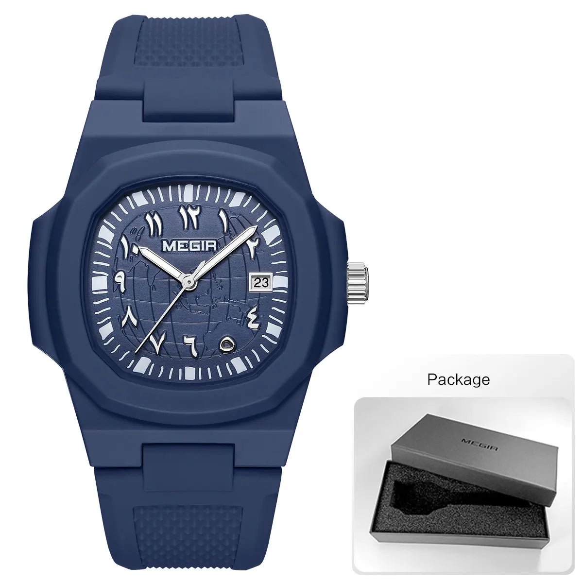 MEGIR Square Luxury Men's Watch with Arabic Numerals Luminous Calendar Date Silicone Strap Male Sports Quartz Wristwatch For Man