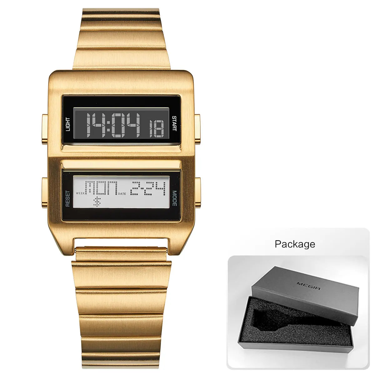 MEGIR Men's Cyberpunk Retro Driver Watch with Dual-Screen Digital Dial Sports Waterproof Wristwatch with Stainless Steel Strap