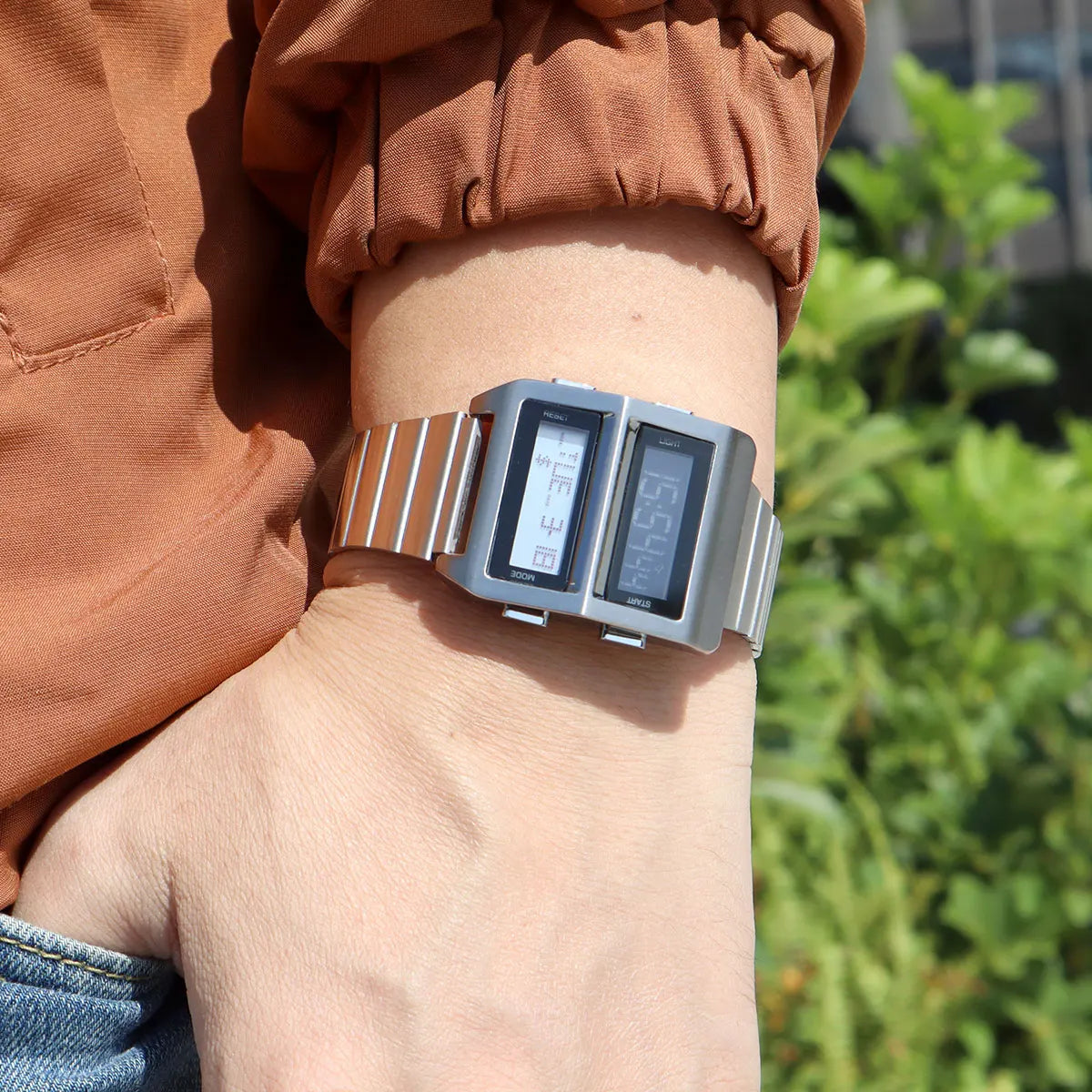 MEGIR Men's Cyberpunk Retro Driver Watch with Dual-Screen Digital Dial Sports Waterproof Wristwatch with Stainless Steel Strap