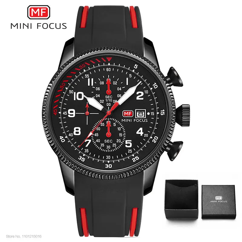 MINI FOCUS Sport Quartz Watch for Men Fashion Waterproof Chronograph Wristwatch with Blue Silicone Strap Auto Date Luminous 0379