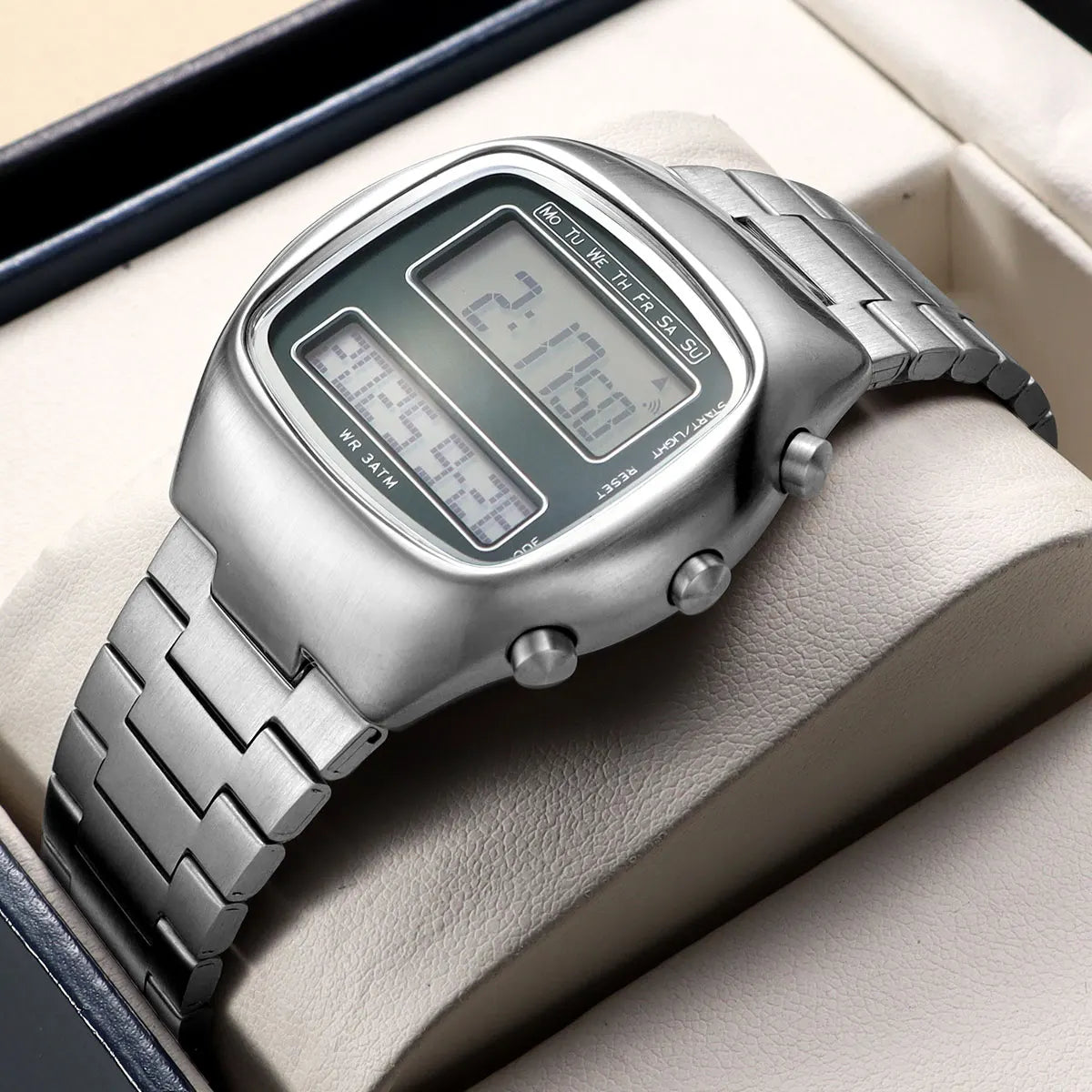 Unisex Retro Digital Wristwatch Dual-Display Stainless Steel Strap Men's Wristwatch with Backlight Calendar Date Month Year Day