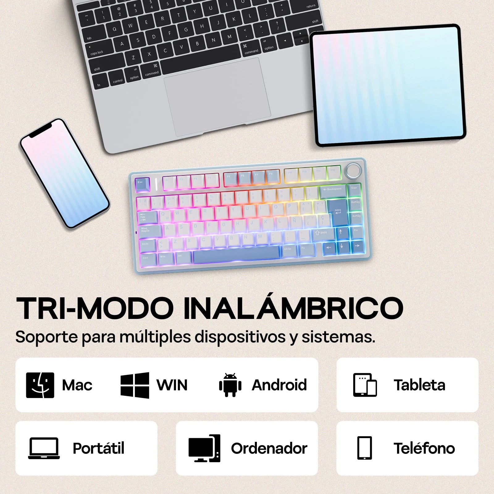 EPOMAKER AULA F75 ISO-ES 75% Spanish QWERTY Hot-Swap Gasket-Mounted Wired/Bluetooth/2.4GHz Wireless Mechanical Gaming Keyboard RGB Backlight