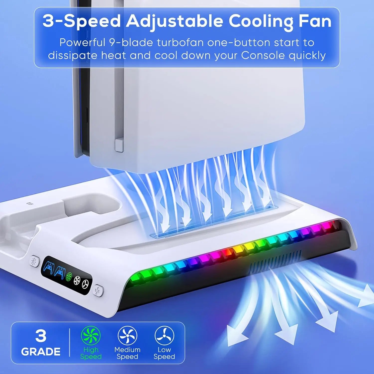 IPEGA Charging Stand with Cooling Fan for PS5 Slim Digital/Disc Console, Dual Controller with 9 RGB Lights PG-P5S006