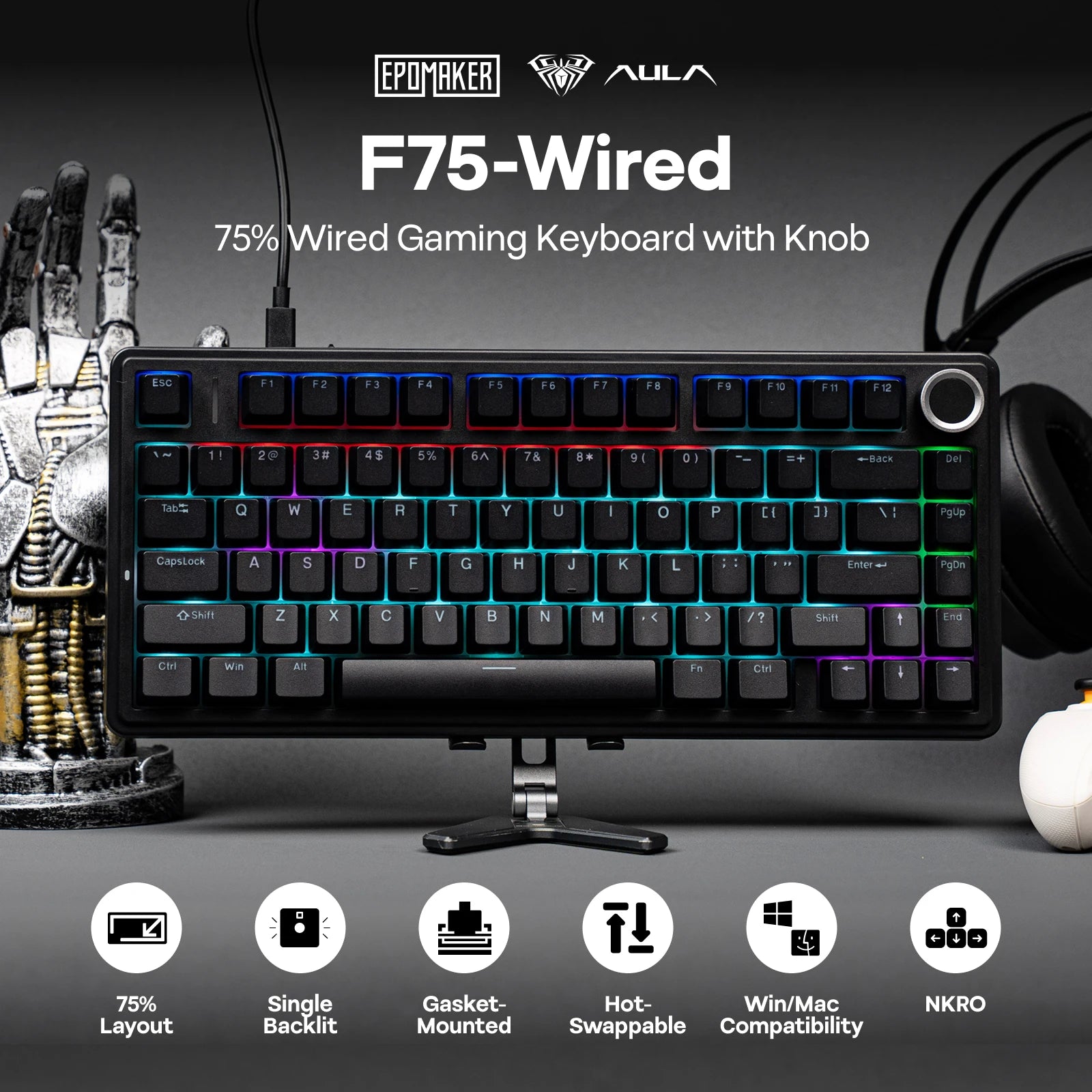 EPOMAKER x AULA F75 Wired Only 75% ANSI US Layout Gasket Hot-Swap Mechanical Keyboard for Mac/WIN/Android with Knob