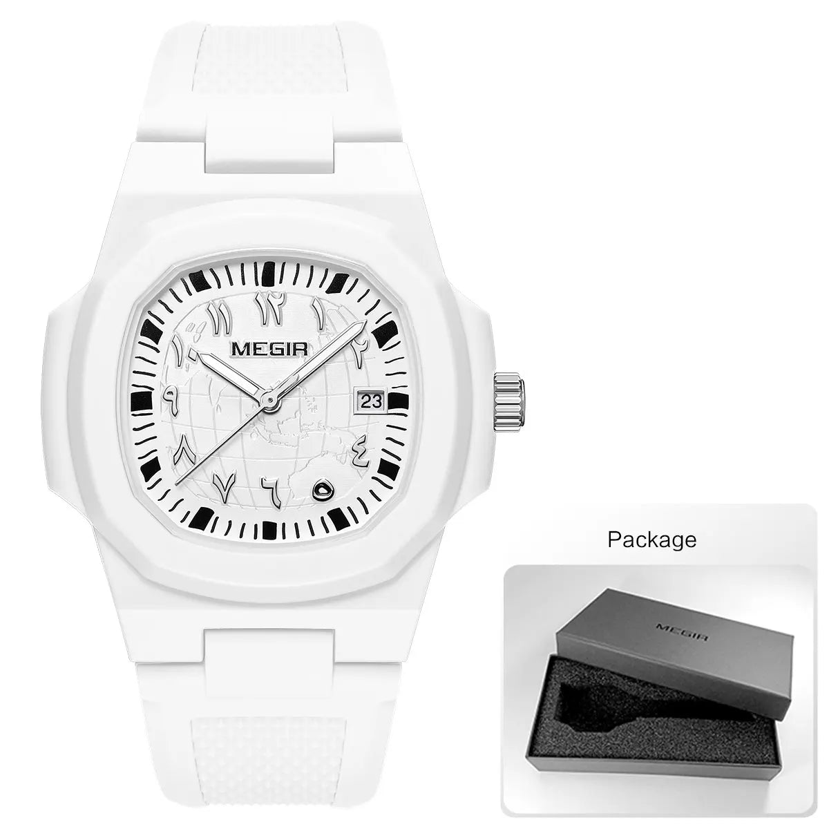 MEGIR Square Luxury Men's Watch with Arabic Numerals Luminous Calendar Date Silicone Strap Male Sports Quartz Wristwatch For Man