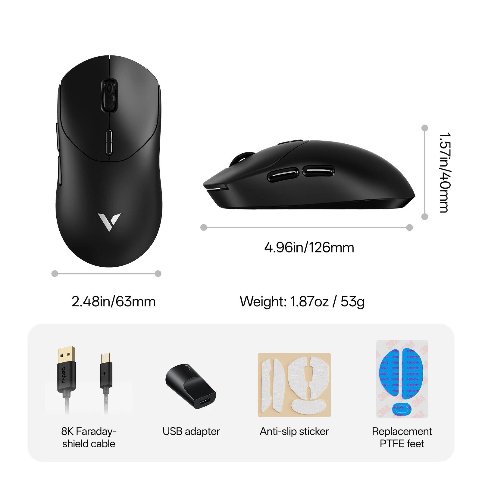 Rapoo VT2 Wireless Gaming Mouse True 8K Wireless Polling Rate Esports Grade 53g Lightweight 26000DPI Up to 500 Hr Battery Life