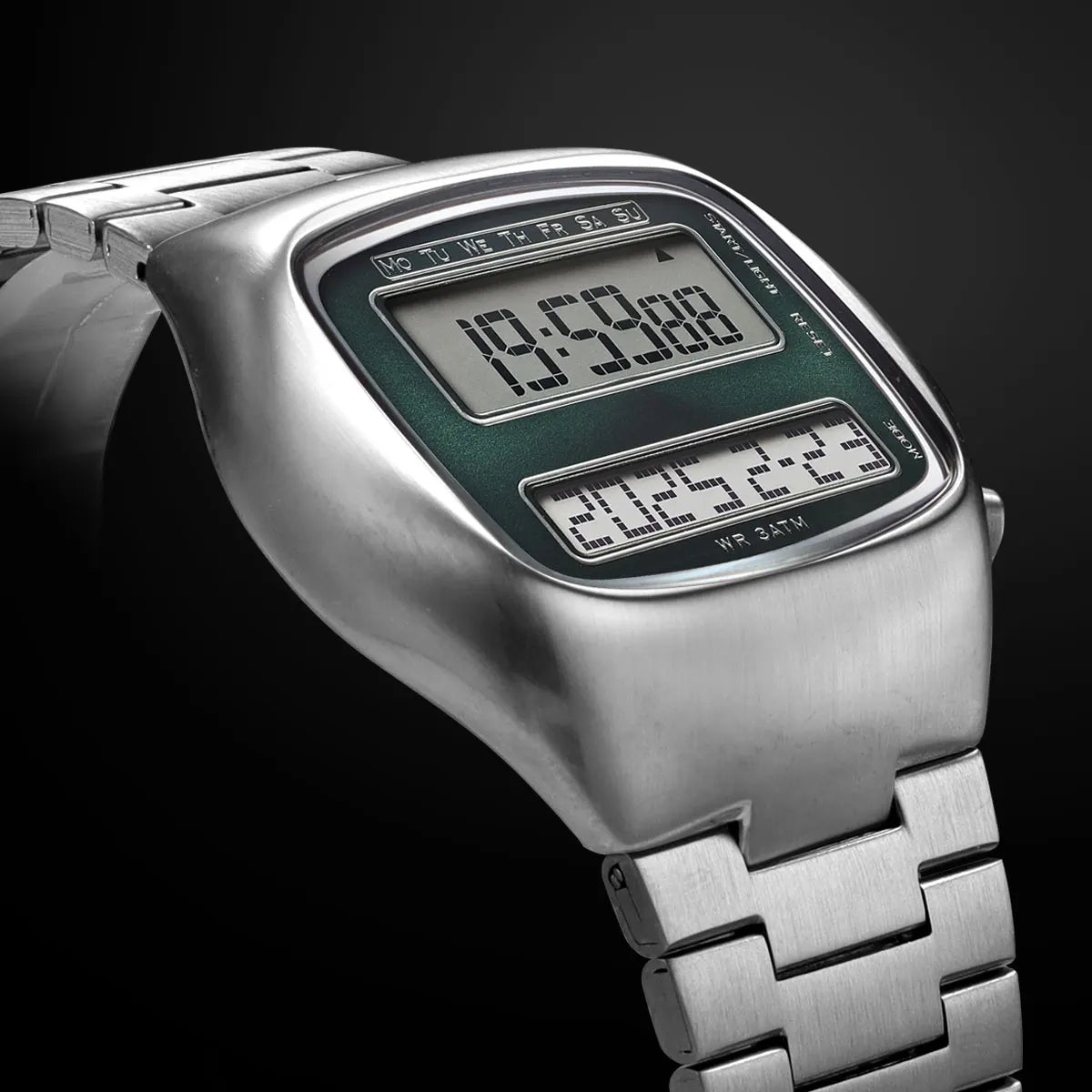 Unisex Retro Digital Wristwatch Dual-Display Stainless Steel Strap Men's Wristwatch with Backlight Calendar Date Month Year Day