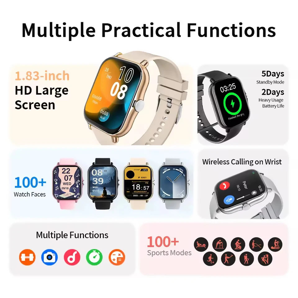 2026 New 1.83-inch Smart Watch Bluetooth Talk Full Touch Screen Heart Rate Monitoring Sports Fitness Smartwatch Men Women Gifts