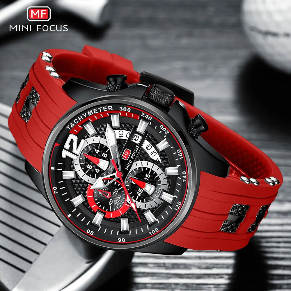 MINI FOCUS Red Watch for Men Fashion Luxury Chronograph Quartz Wristwatch with Silicone Band Luminous Hands Date Waterproof 0350