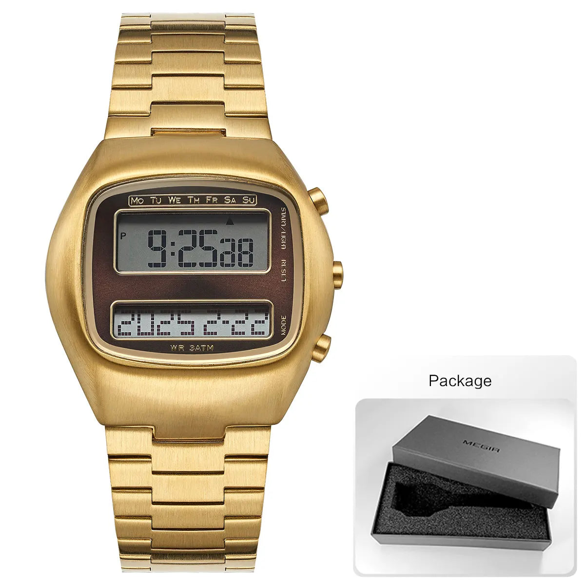Unisex Retro Digital Wristwatch Dual-Display Stainless Steel Strap Men's Wristwatch with Backlight Calendar Date Month Year Day