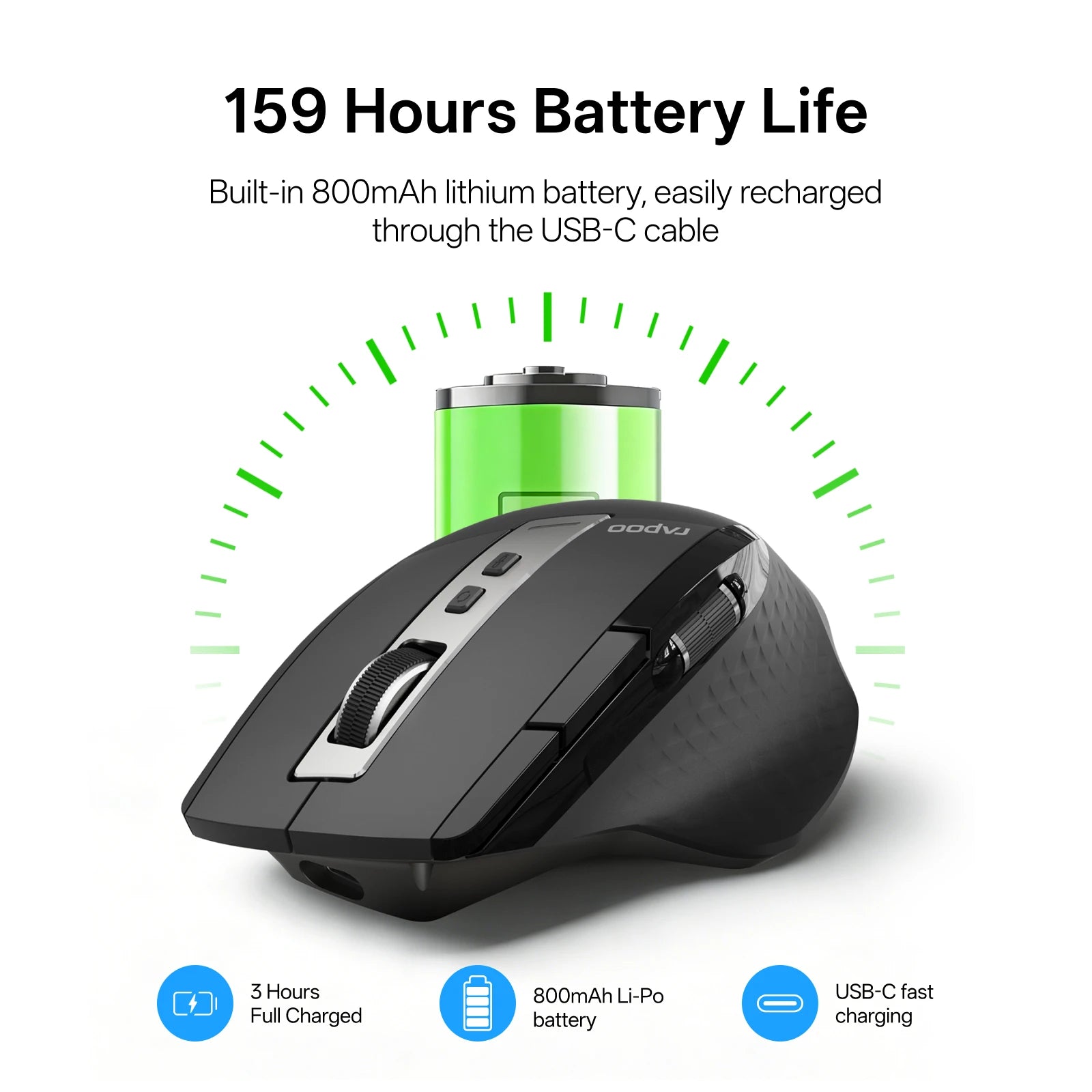 Rapoo 2026 New MT710L Multi-mode Rechargeable Wireless Mouse Ergonomic 4000 DPI Bluetooth Mouse Easy-Switch Up to 4 Devices