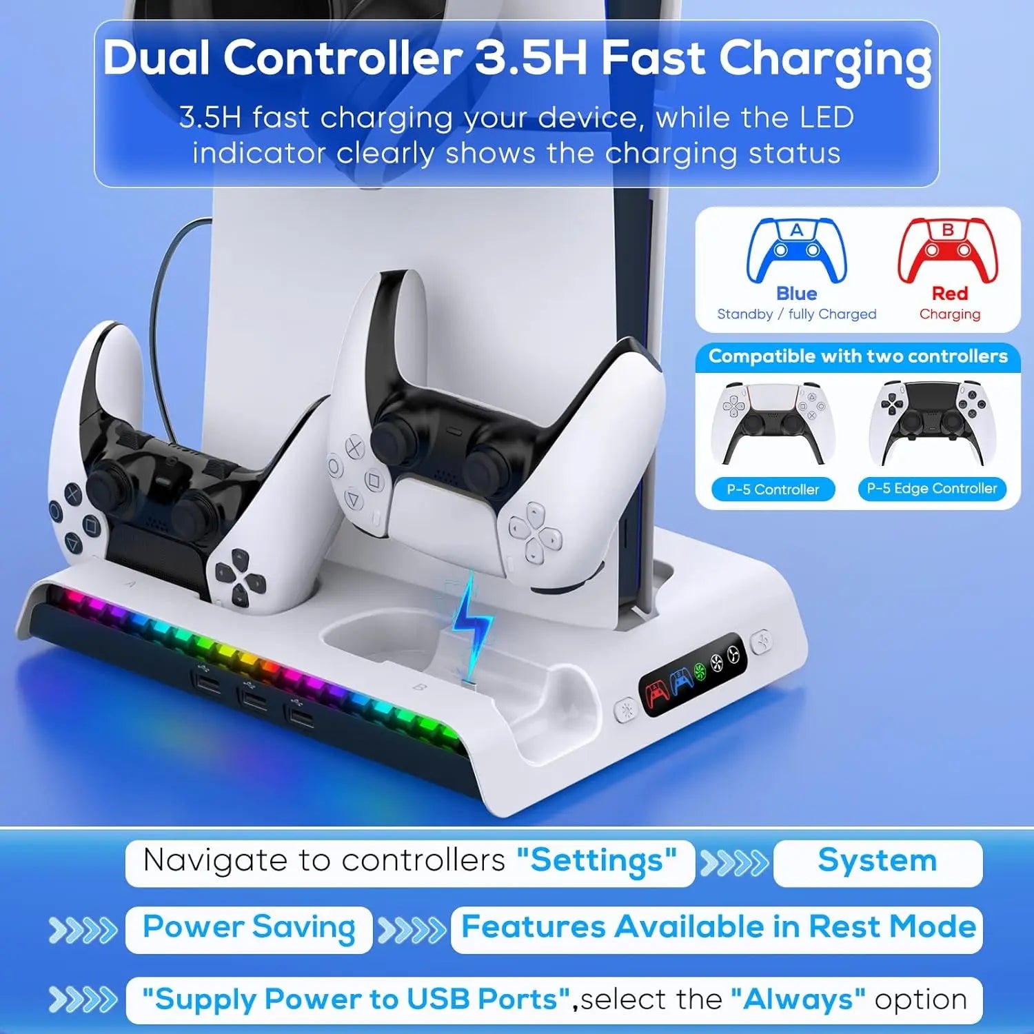 IPEGA Charging Stand with Cooling Fan for PS5 Slim Digital/Disc Console, Dual Controller with 9 RGB Lights PG-P5S006