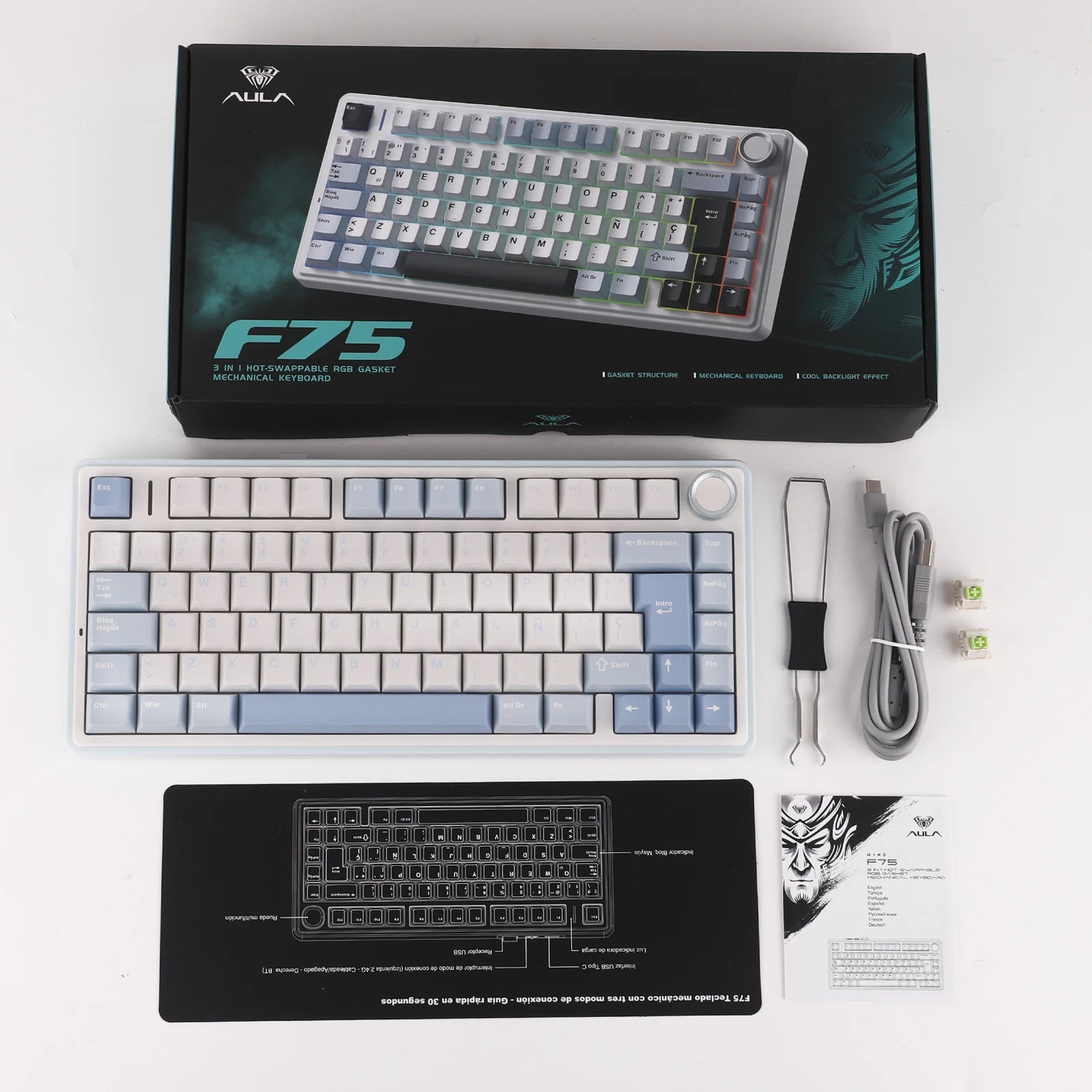 EPOMAKER AULA F75 ISO-ES 75% Spanish QWERTY Hot-Swap Gasket-Mounted Wired/Bluetooth/2.4GHz Wireless Mechanical Gaming Keyboard RGB Backlight