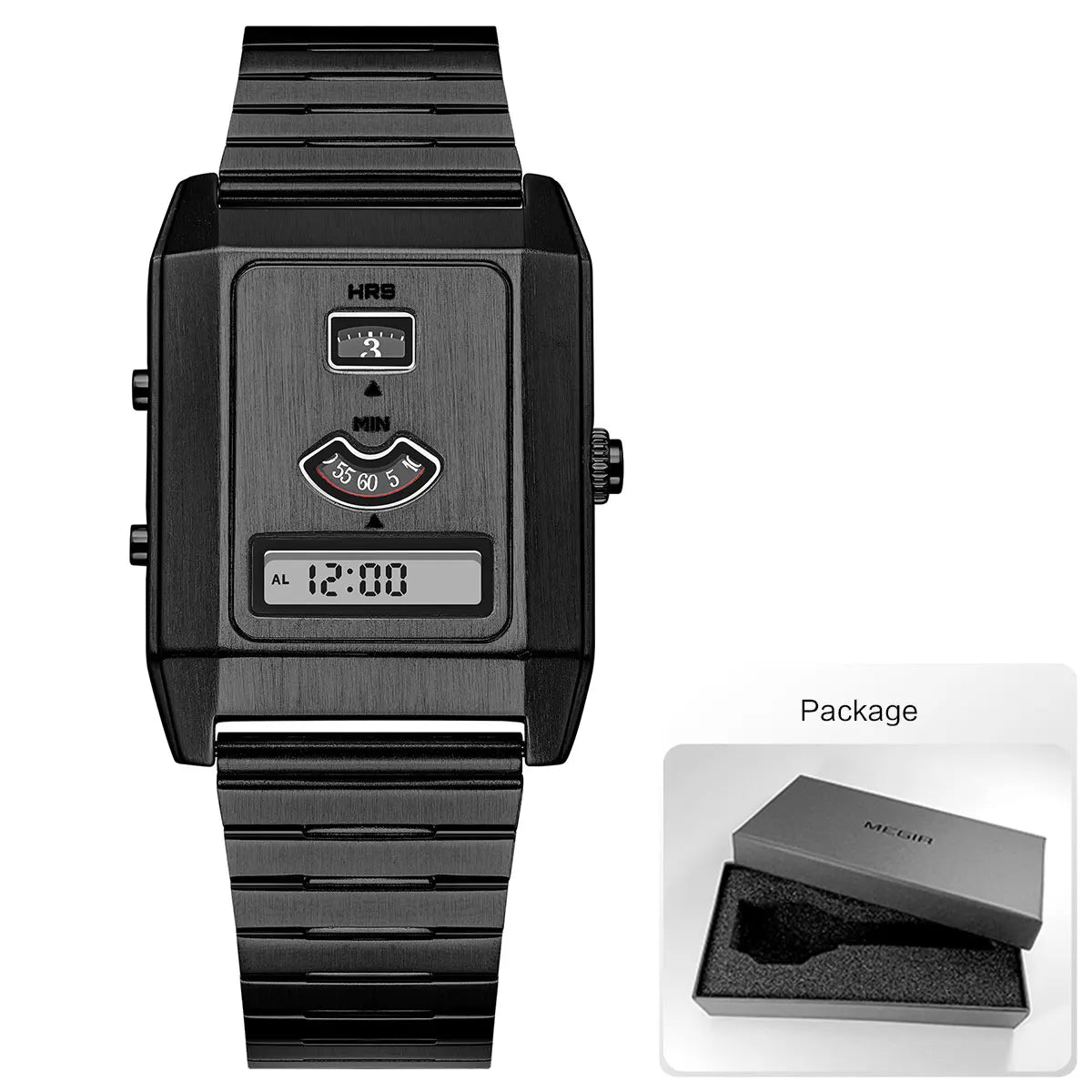 Fashion Quartz Electronic Dual Movement Men's Watch Tri-Display Backlight Alarm Unisex Wristwatch with Stainless Steel Strap