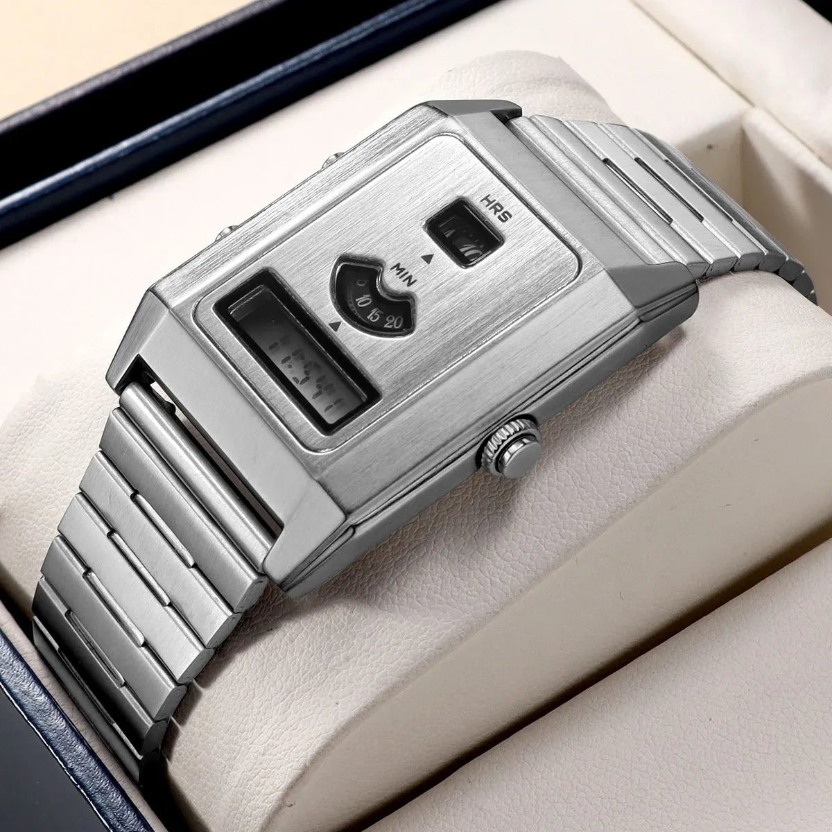 Fashion Quartz Electronic Dual Movement Men's Watch Tri-Display Backlight Alarm Unisex Wristwatch with Stainless Steel Strap