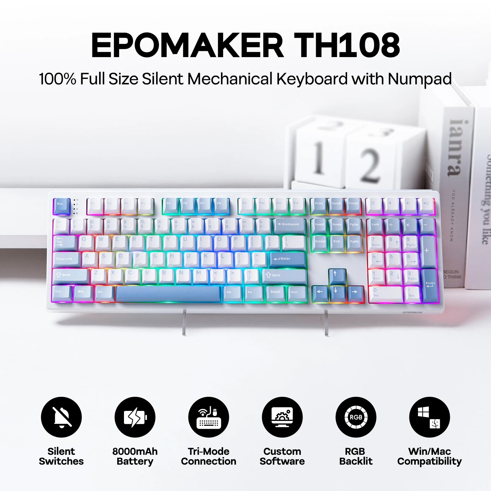 EPOMAKER TH108 100% Full Size Hot-Swap Gasket-Mounted Wired/Bluetooth/2.4Ghz Wireless Mechanical Keyboard with 8000mAh Battery