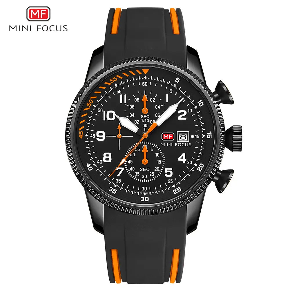 MINI FOCUS Sport Quartz Watch for Men Fashion Waterproof Chronograph Wristwatch with Blue Silicone Strap Auto Date Luminous 0379