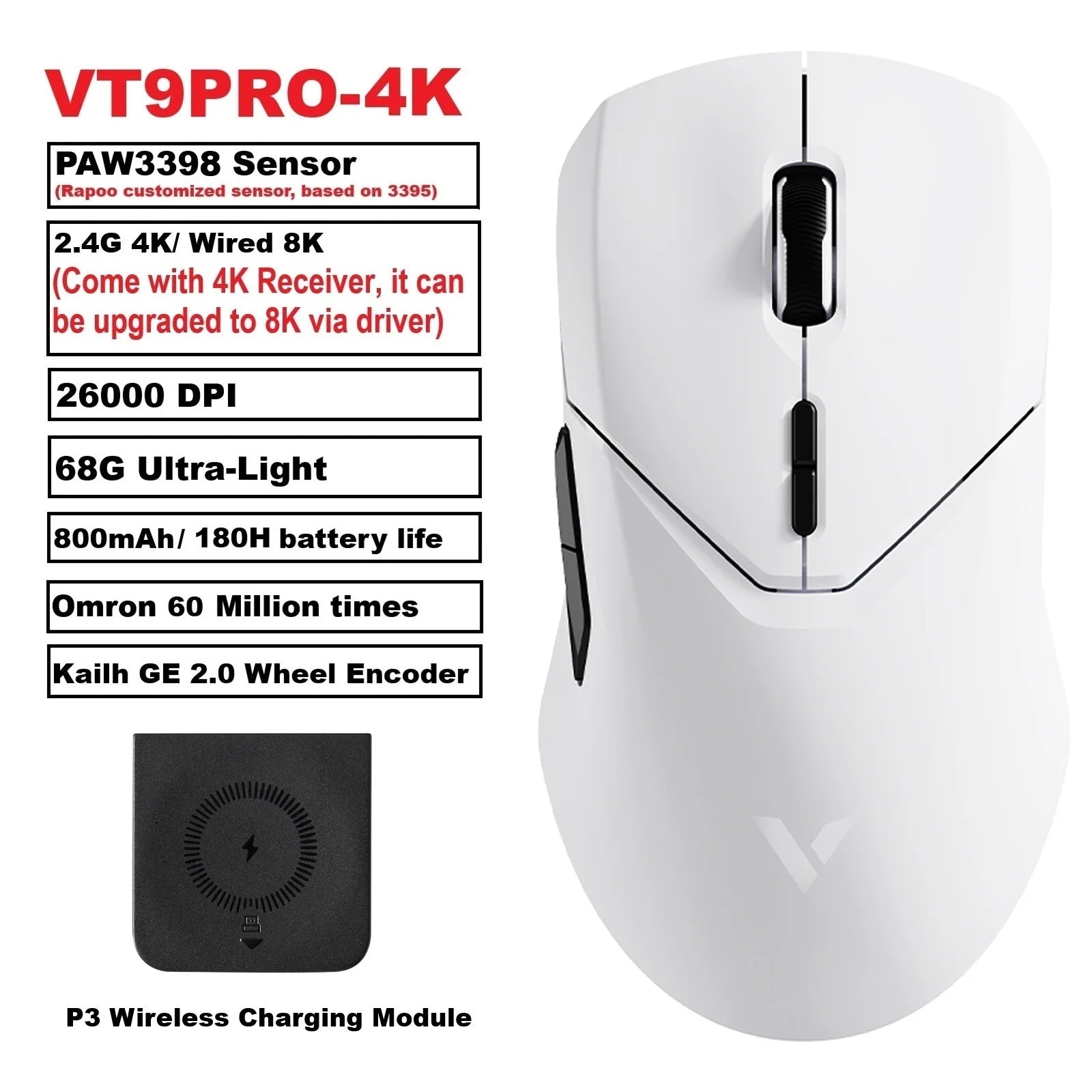Rapoo VT9PRO Wireless Gaming Mouse Esports Grade 68g Ultra-Light 26000DPI 8 Buttons Optical PAW3398 Computer Mouse For Laptop PC