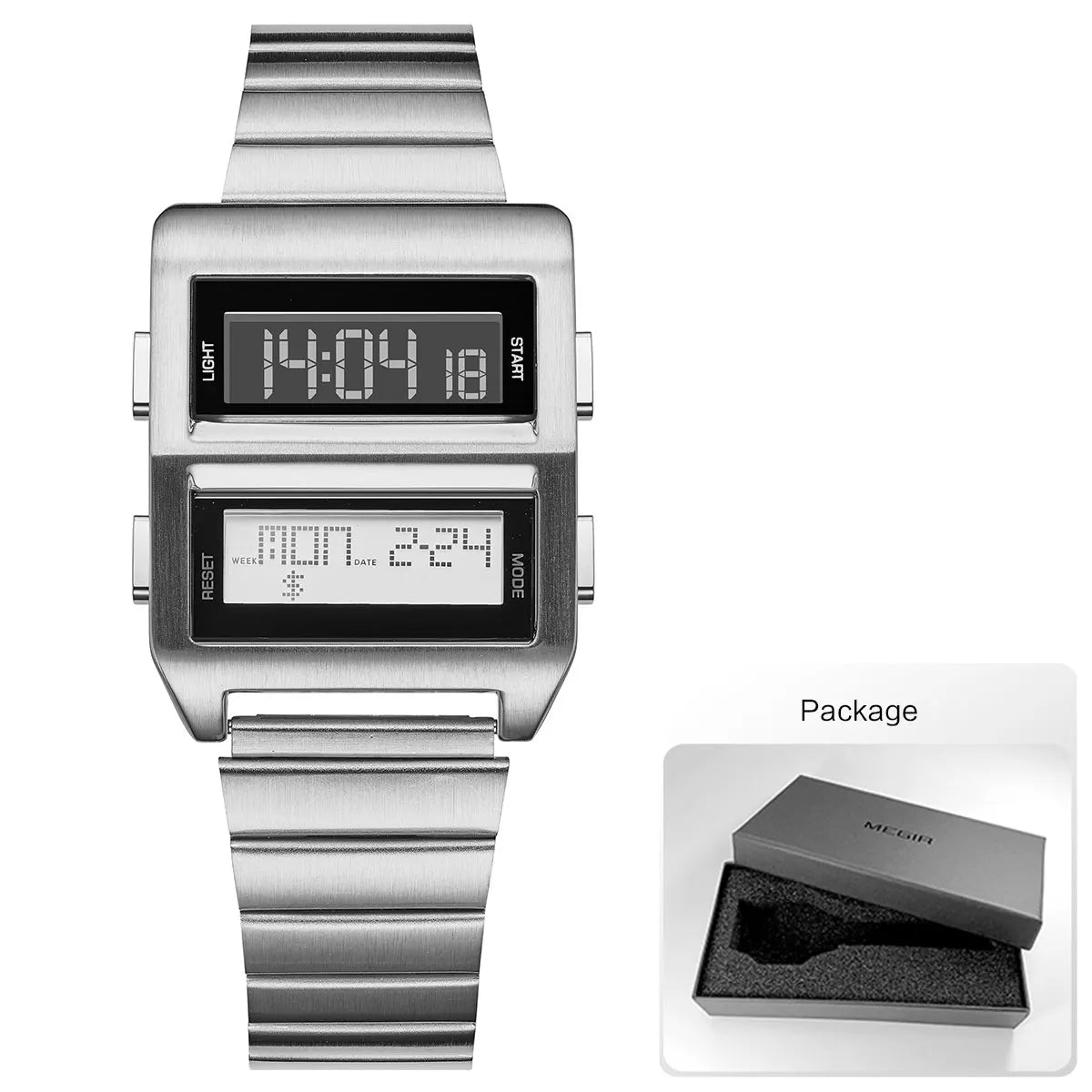 MEGIR Men's Cyberpunk Retro Driver Watch with Dual-Screen Digital Dial Sports Waterproof Wristwatch with Stainless Steel Strap