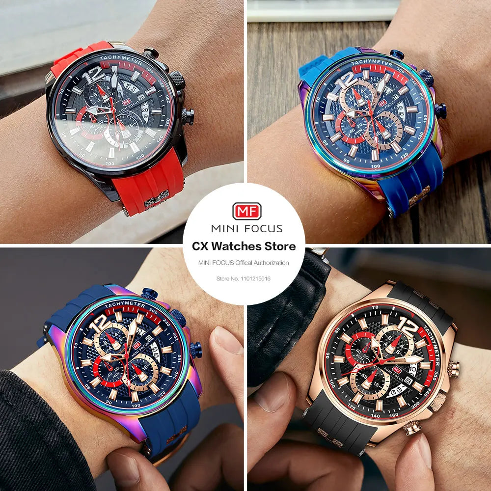 MINI FOCUS Red Watch for Men Fashion Luxury Chronograph Quartz Wristwatch with Silicone Band Luminous Hands Date Waterproof 0350