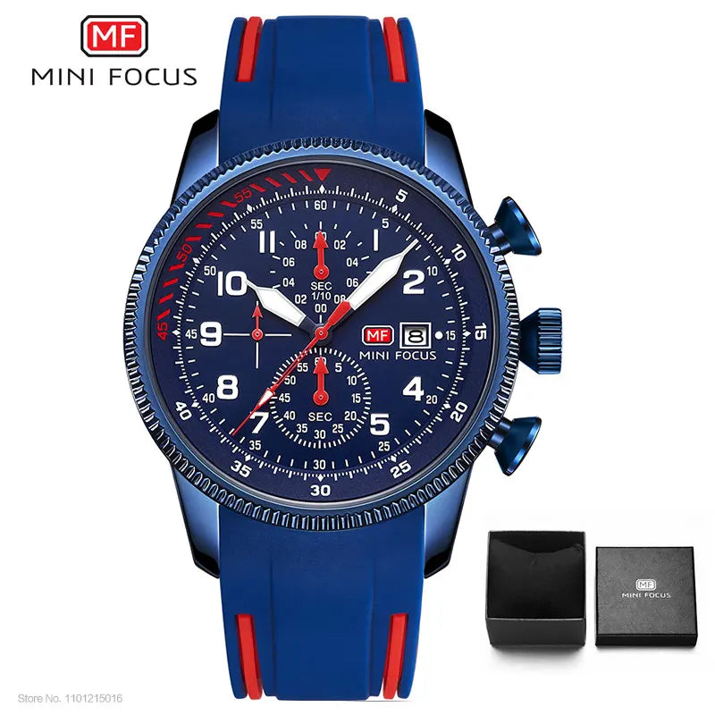 MINI FOCUS Sport Quartz Watch for Men Fashion Waterproof Chronograph Wristwatch with Blue Silicone Strap Auto Date Luminous 0379