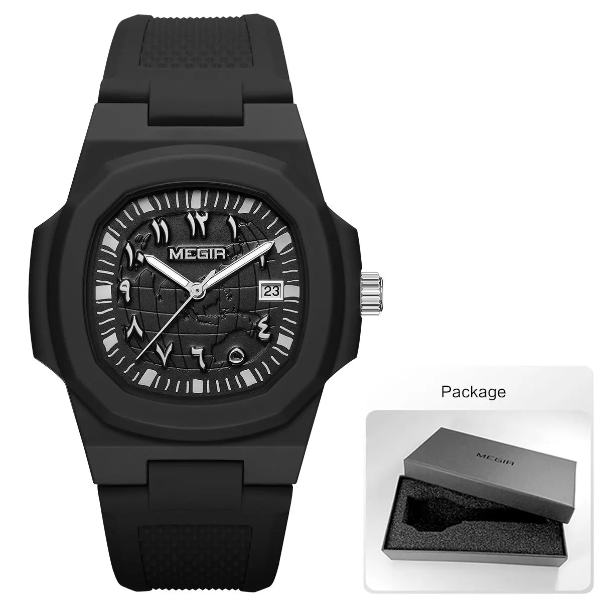 MEGIR Square Luxury Men's Watch with Arabic Numerals Luminous Calendar Date Silicone Strap Male Sports Quartz Wristwatch For Man