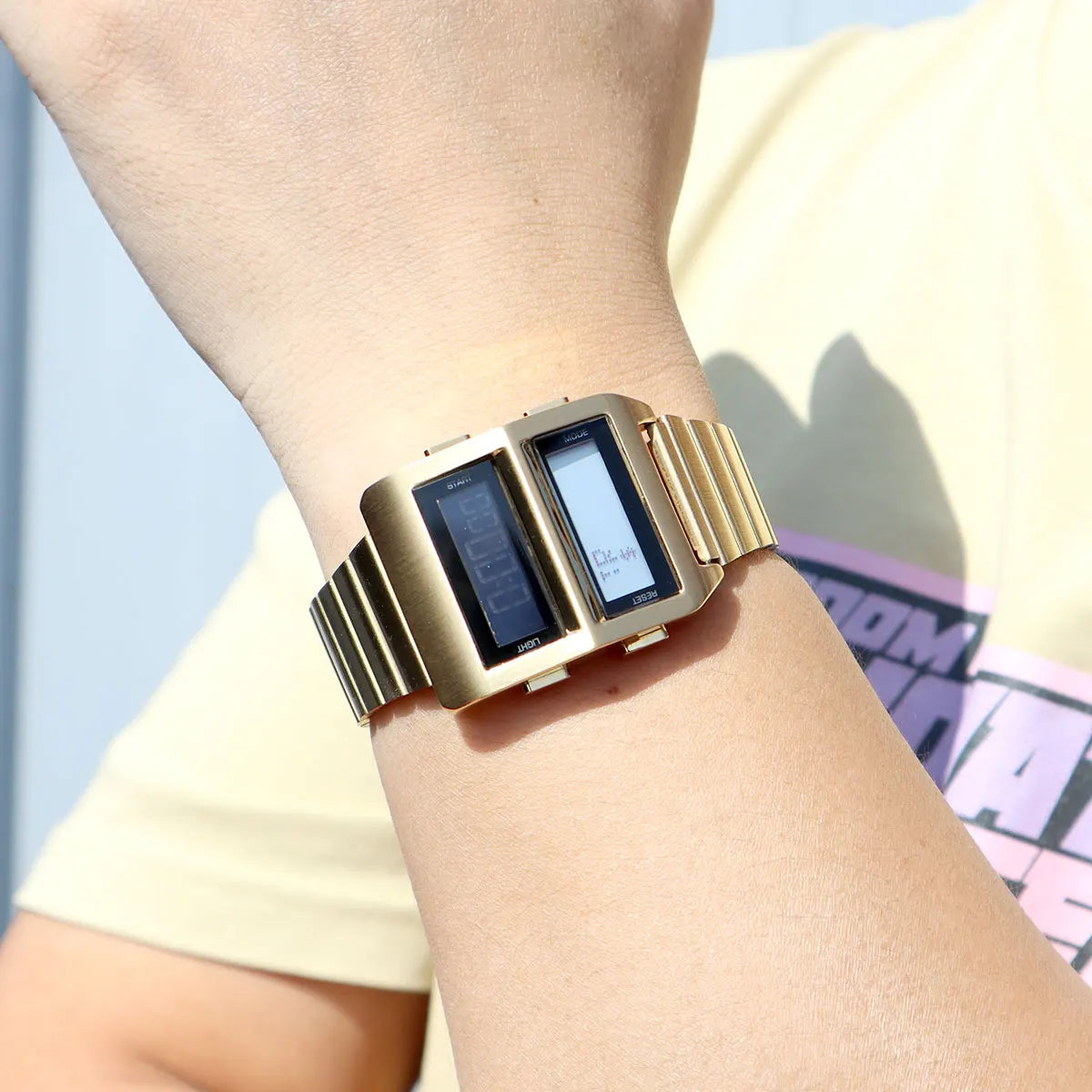 MEGIR Men's Cyberpunk Retro Driver Watch with Dual-Screen Digital Dial Sports Waterproof Wristwatch with Stainless Steel Strap