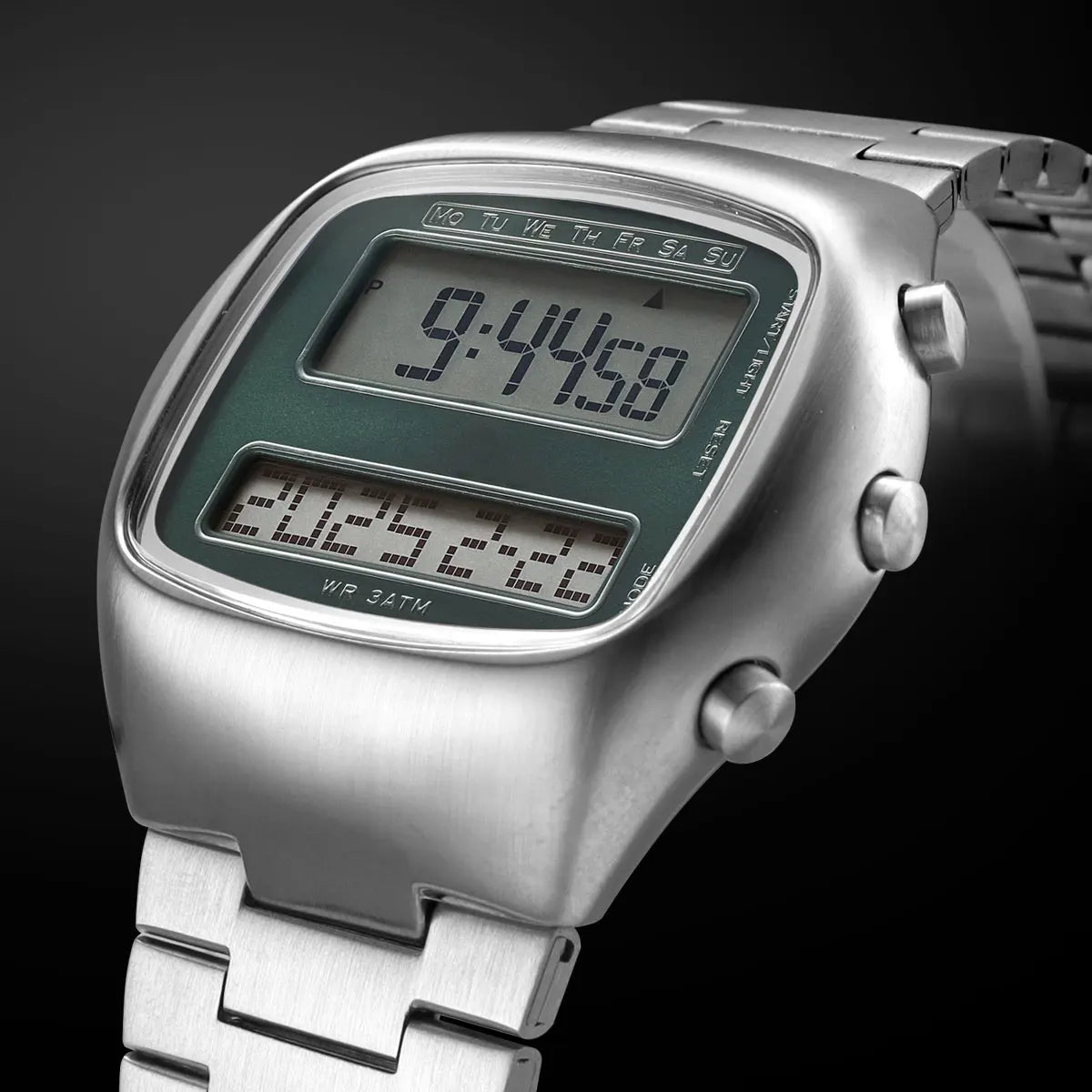 Unisex Retro Digital Wristwatch Dual-Display Stainless Steel Strap Men's Wristwatch with Backlight Calendar Date Month Year Day