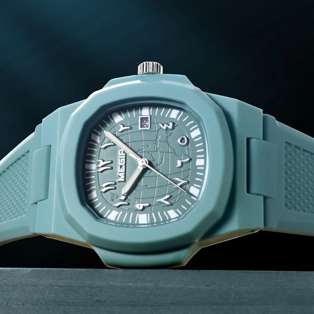 MEGIR Square Luxury Men's Watch with Arabic Numerals Luminous Calendar Date Silicone Strap Male Sports Quartz Wristwatch For Man