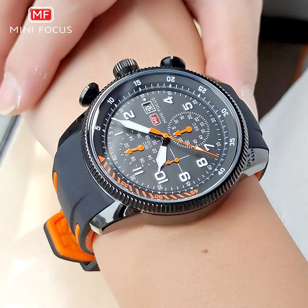 MINI FOCUS Sport Quartz Watch for Men Fashion Waterproof Chronograph Wristwatch with Blue Silicone Strap Auto Date Luminous 0379