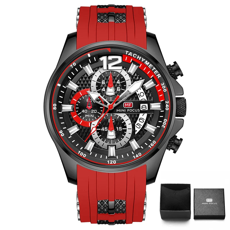 MINI FOCUS Red Watch for Men Fashion Luxury Chronograph Quartz Wristwatch with Silicone Band Luminous Hands Date Waterproof 0350