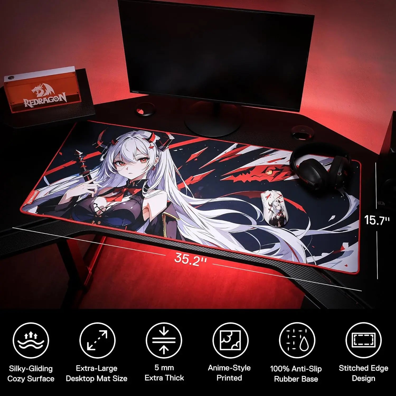 Redragon EISA P047 Anime Gaming Mouse Pad - Smooth Lycra Surface, Anti-Slip Rubber Base, Spill-Resistant, Durable 5mm Thick