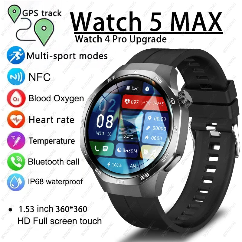 2025 New Watch 5 MAX Smart Watch HD AMOLED Screen NFC GPS Tracker Bluetooth Call Waterproof Sports Health Smartwatch Men Women