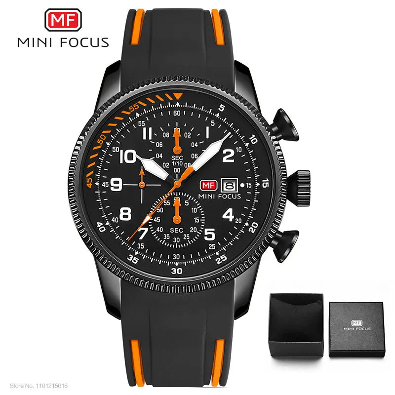 MINI FOCUS Sport Quartz Watch for Men Fashion Waterproof Chronograph Wristwatch with Blue Silicone Strap Auto Date Luminous 0379