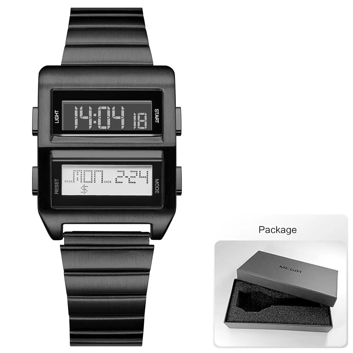 MEGIR Men's Cyberpunk Retro Driver Watch with Dual-Screen Digital Dial Sports Waterproof Wristwatch with Stainless Steel Strap