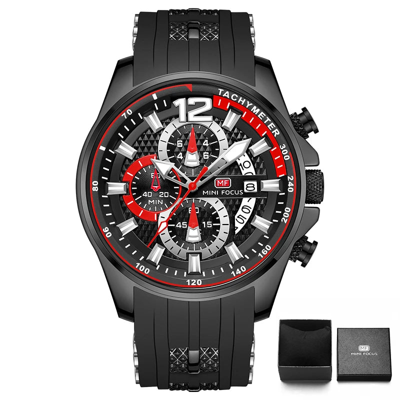 MINI FOCUS Red Watch for Men Fashion Luxury Chronograph Quartz Wristwatch with Silicone Band Luminous Hands Date Waterproof 0350