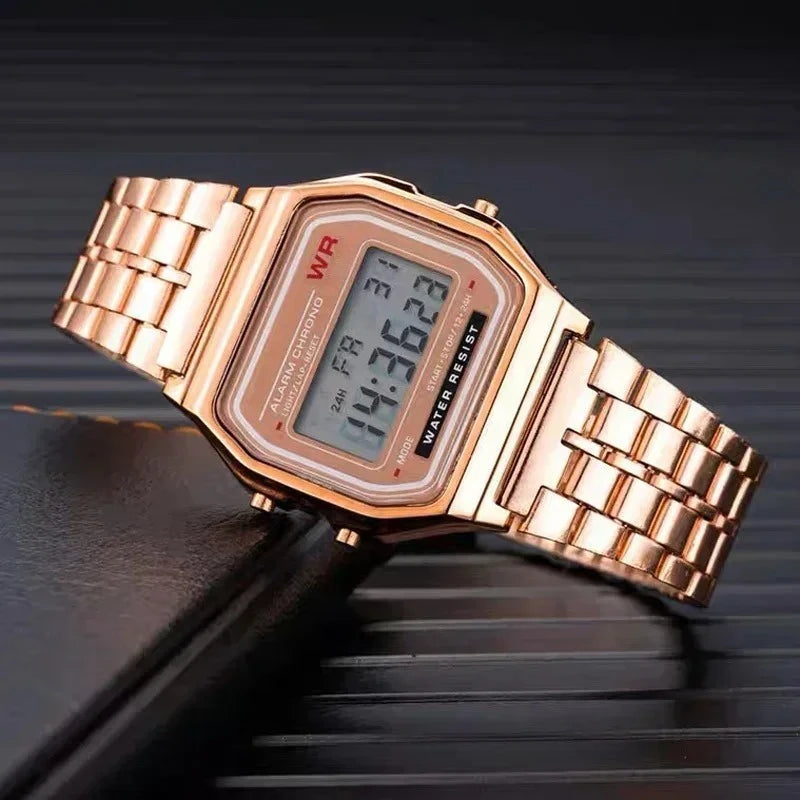 Punk Style Men's Metal Block Watch Waterproof Sports Student Electronic Watch Gold Silver Watch