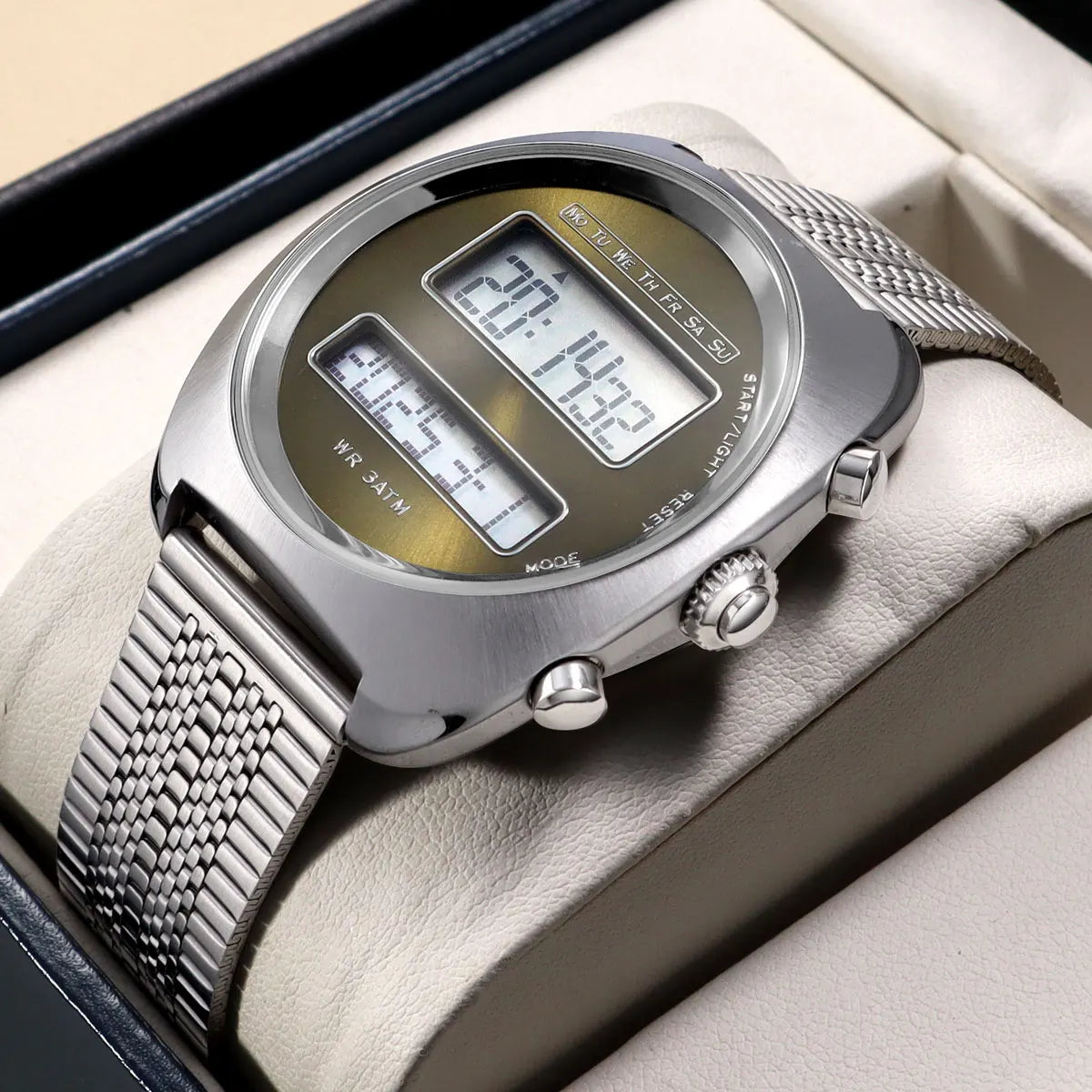 Dual-Display Electronic Watch for Men Retro Style Digital Unisex Wristwatch with Stainless Steel Strap Month Date Year Backlight