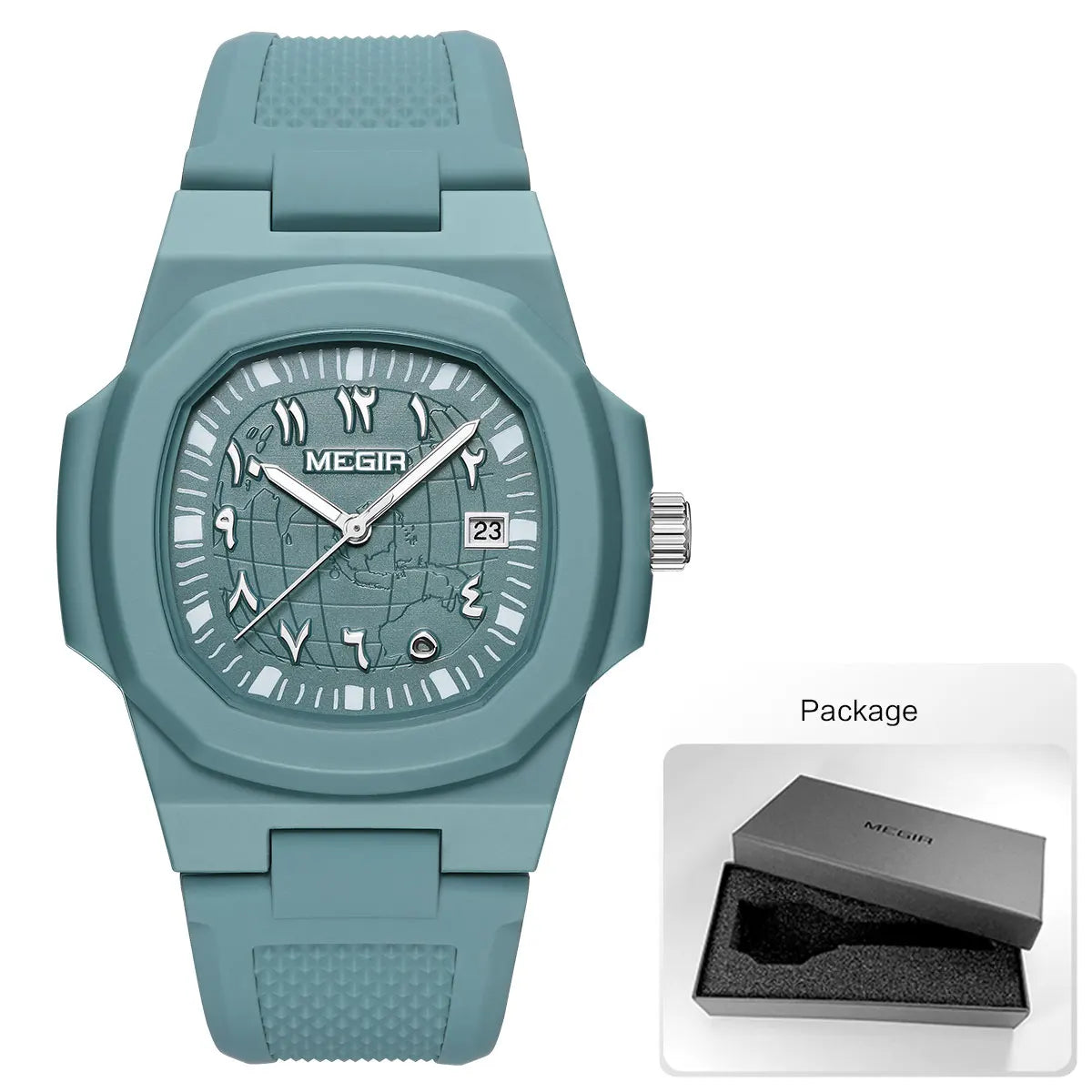 MEGIR Square Luxury Men's Watch with Arabic Numerals Luminous Calendar Date Silicone Strap Male Sports Quartz Wristwatch For Man