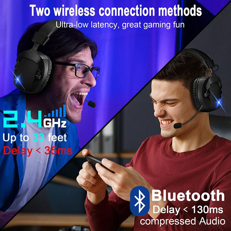 Wireless Gaming Headset With Detachable Noise Cancelling Microphone 2.4G Bluetooth-USB-3.5mm Wired Jack 3 Modes For Multi-device