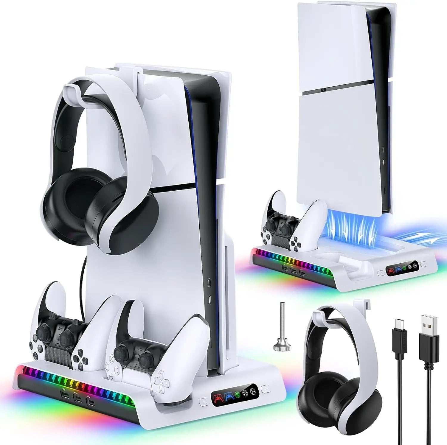 IPEGA Charging Stand with Cooling Fan for PS5 Slim Digital/Disc Console, Dual Controller with 9 RGB Lights PG-P5S006